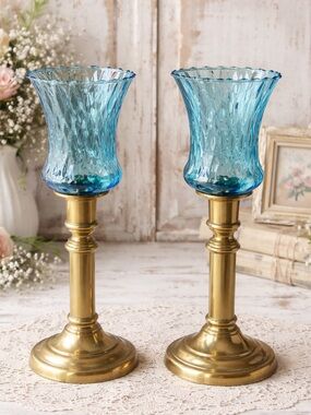 Blue Glass Votive Sconce Cup Candle Holder Peg Honeycomb Crinkle Optic Homco 5"